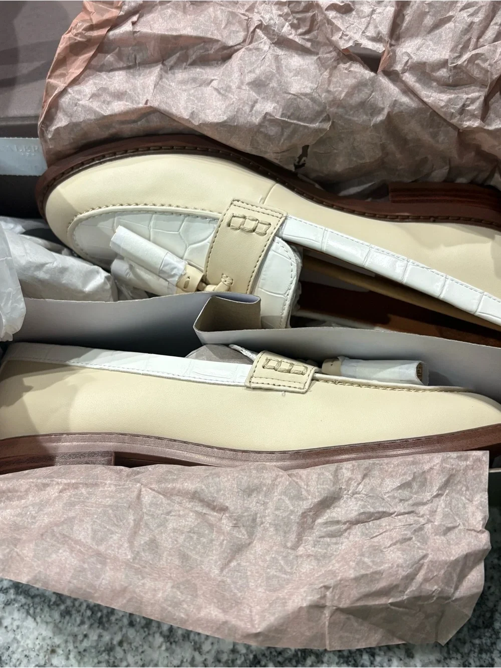 Franco Sarto Two-Tone Cream and White Tassel Loafers